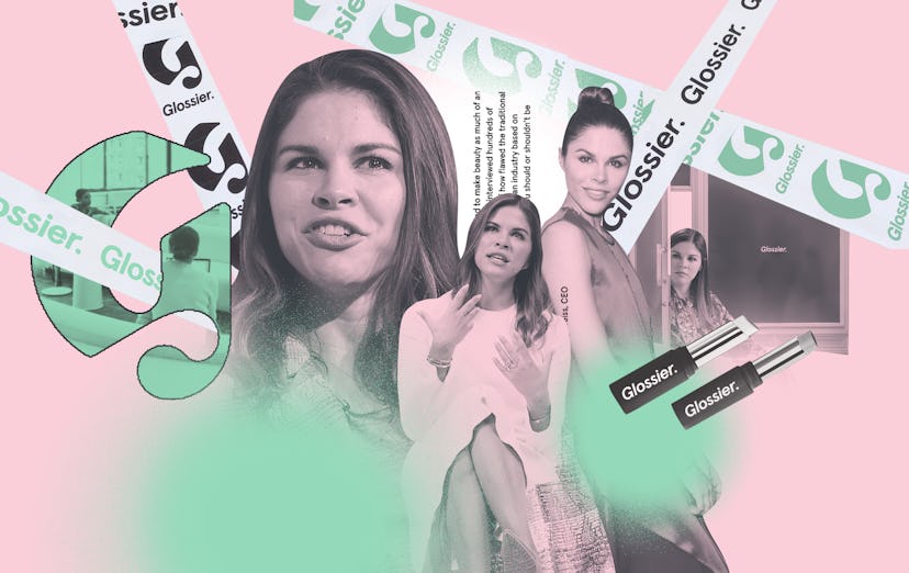 Collage of Emily Weiss' photos, Glossier products and the Glossier logo