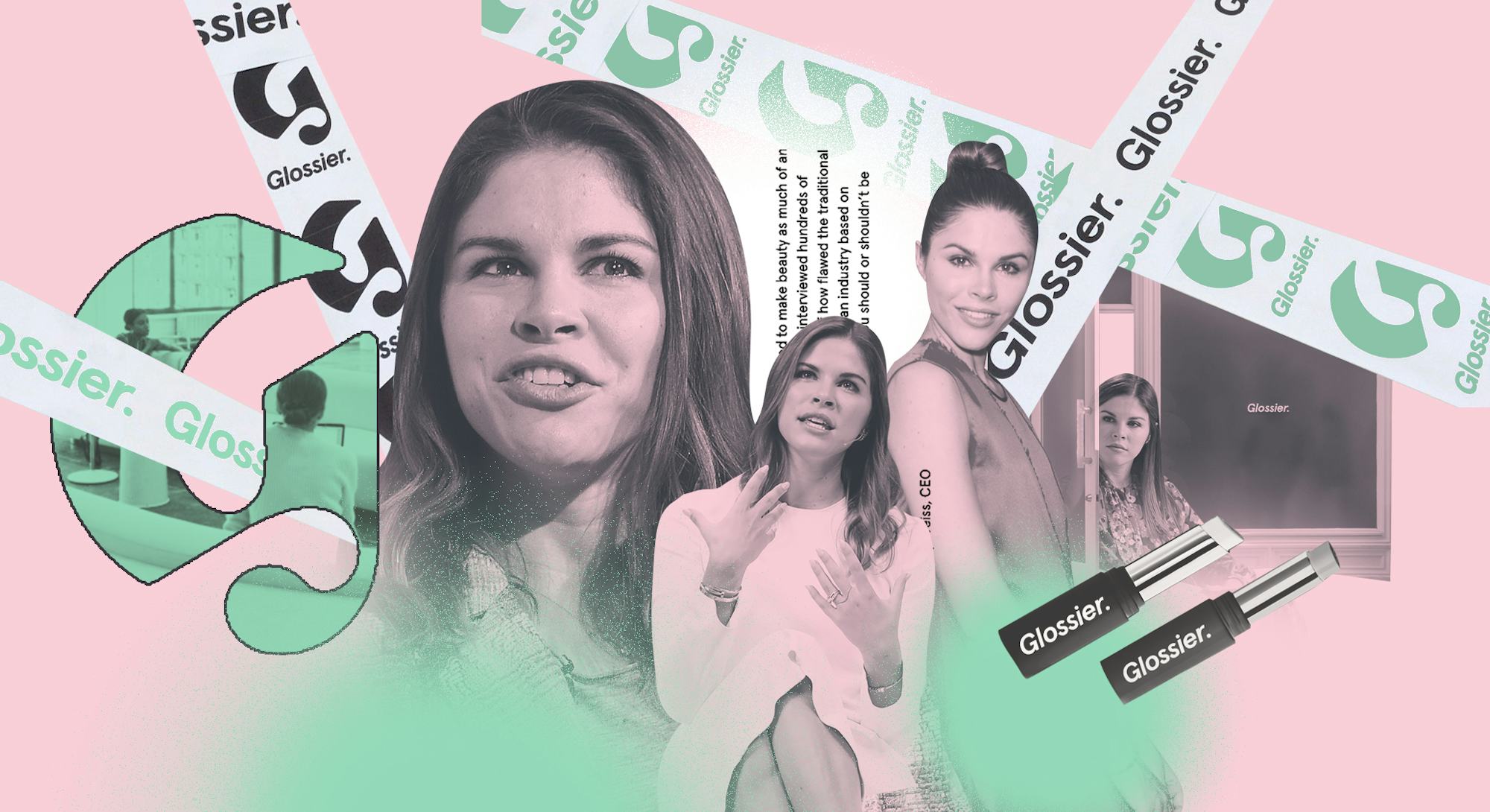 Collage of Emily Weiss' photos, Glossier products and the Glossier logo