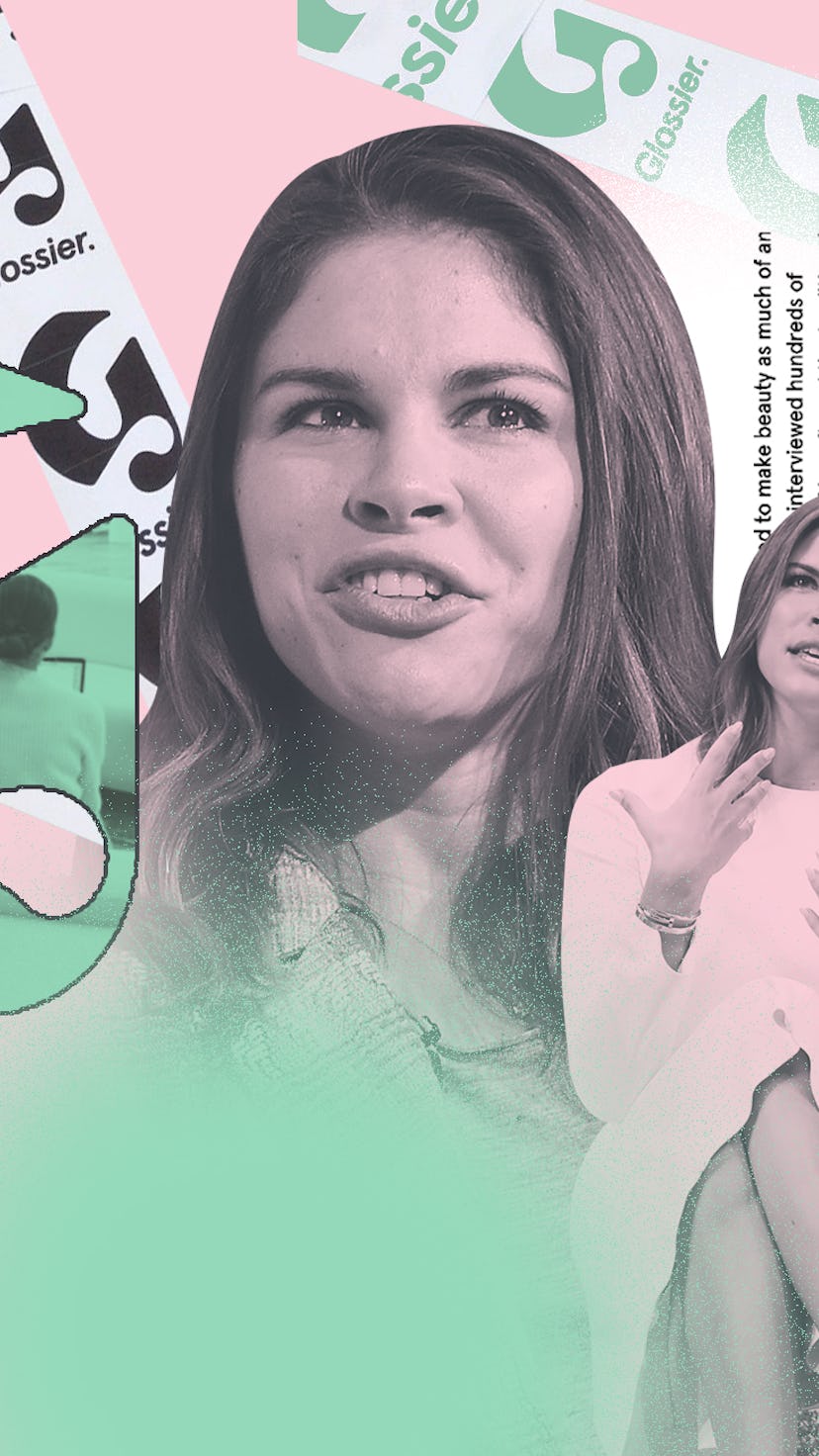 Collage of Emily Weiss' photos, Glossier products and the Glossier logo