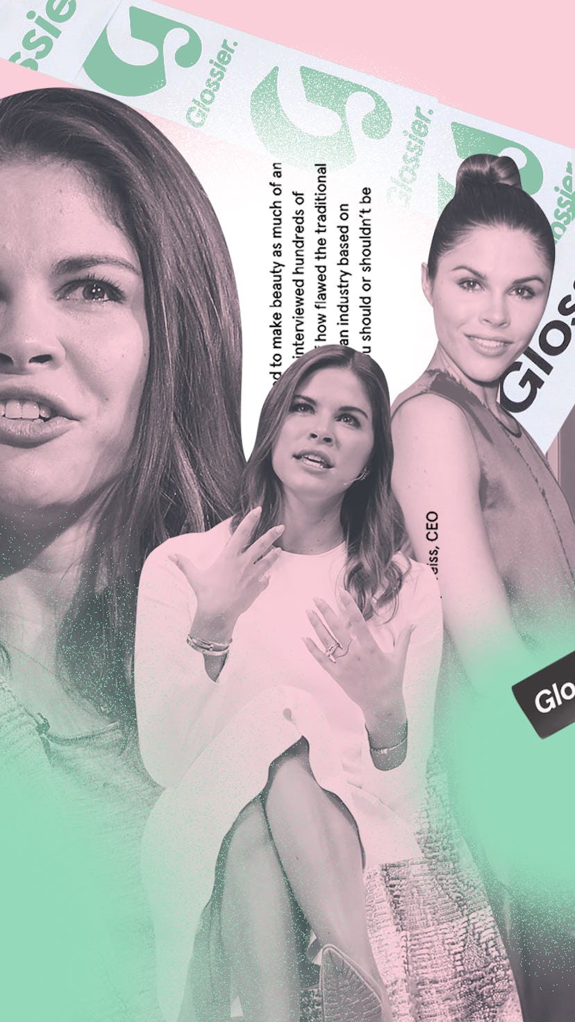 Collage of Emily Weiss' photos, Glossier products and the Glossier logo