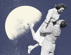 A man lips a woman up in front of the full moon. Here are 4 full moon April 2022 Manifestations.