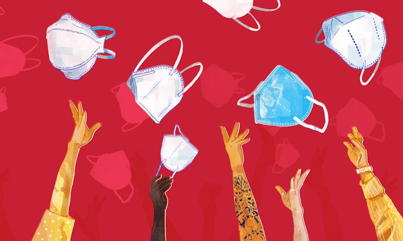 An illustration of various hands throwing face masks in the air with a red background