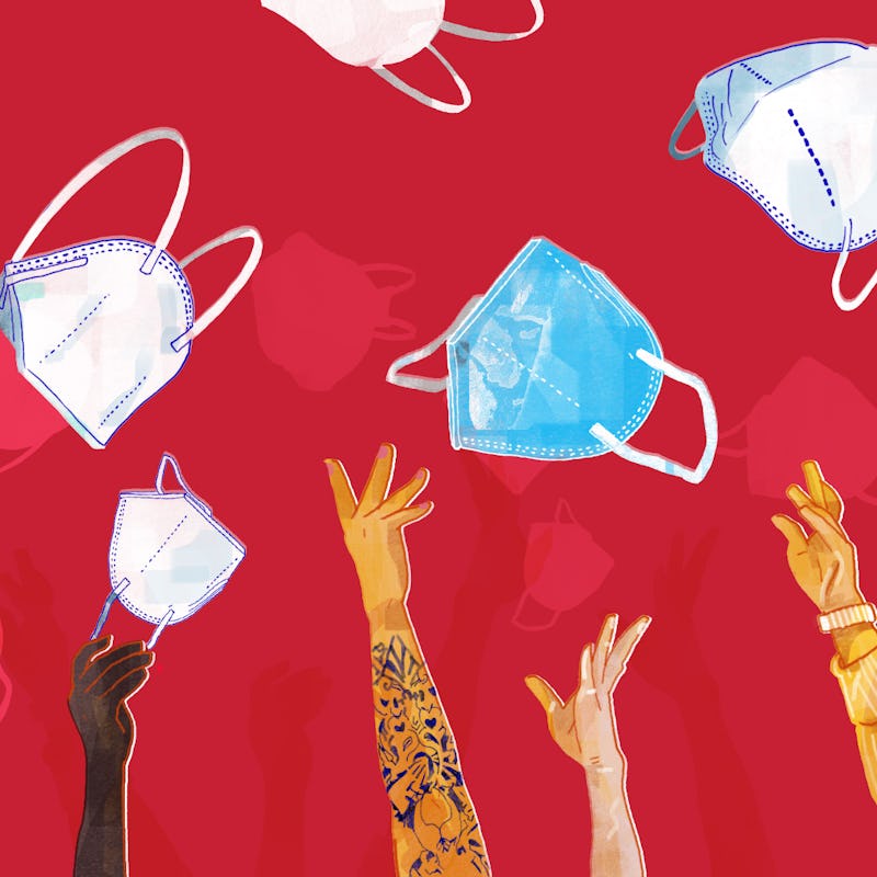 An illustration of various hands throwing face masks in the air with a red background