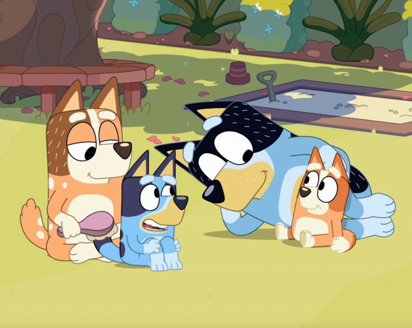 The Heeler Family sit in their back yard in "Fairies," an episode of 'Bluey' with important parentin...