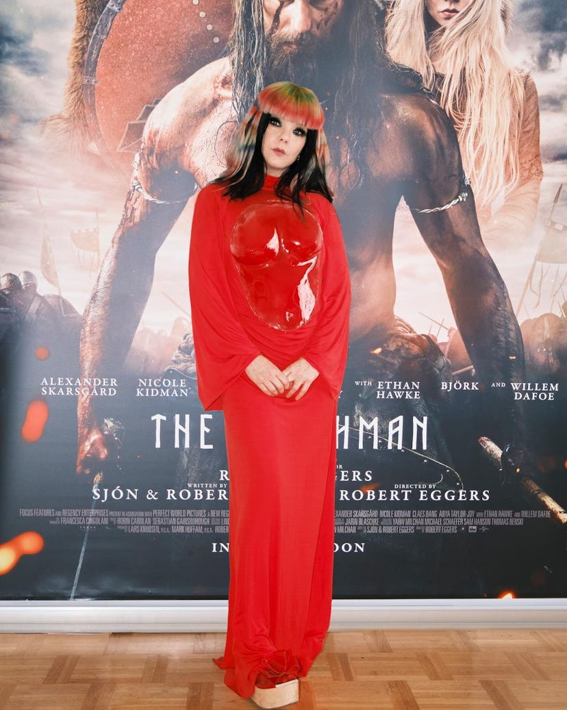 Björk wearing a red Loewe dress at the Reykjavík premiere of The Northman