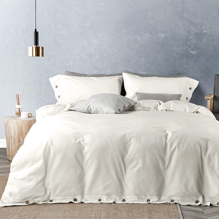 JELLYMONI White 100% Washed Cotton Duvet Cover Set, 3 Pieces