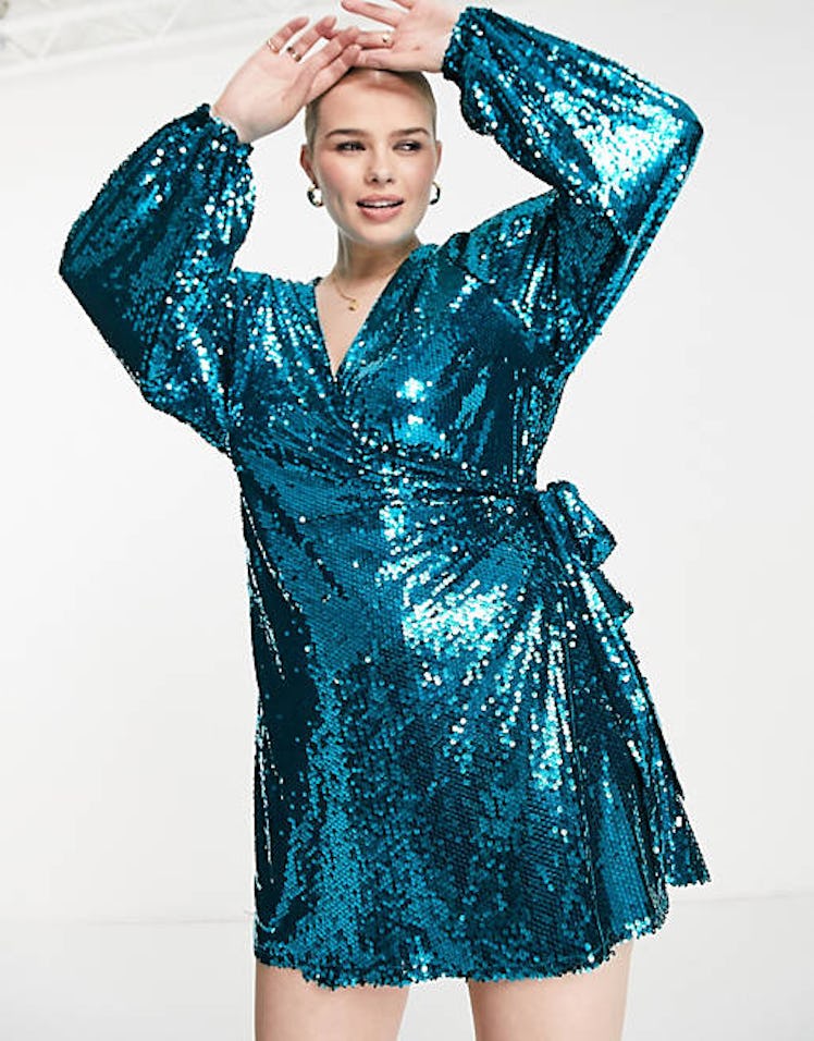 In The Style Plus exclusive sequin long sleeve wrap mini dress in mermaid blue