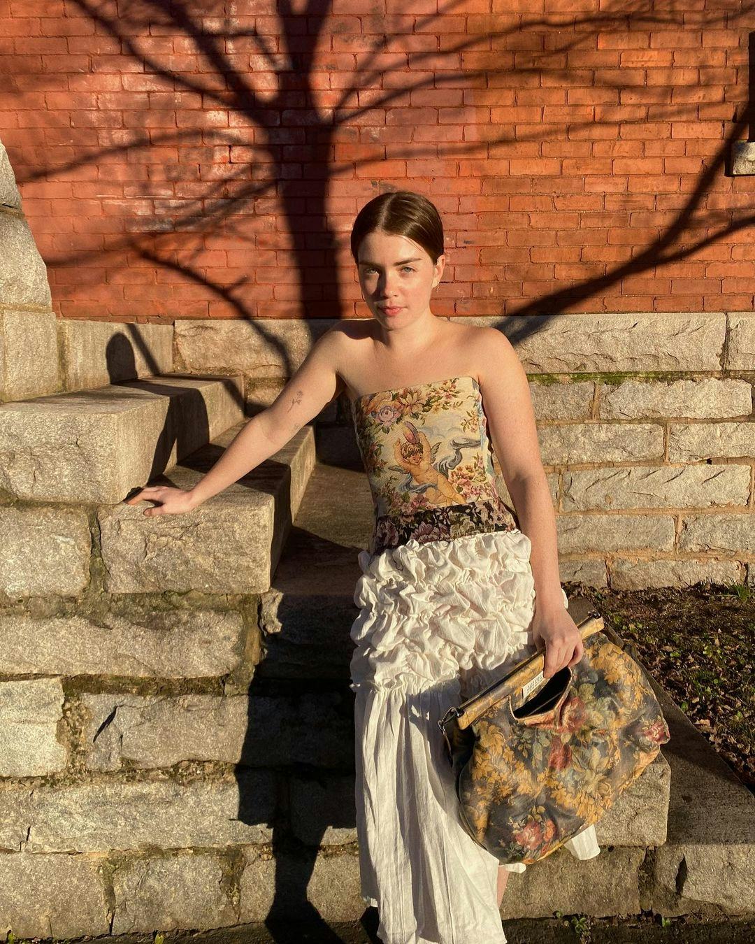 Molly Blutstein in an outfit inspired by The Gilded Age, Bridgerton, & Regency fashion.