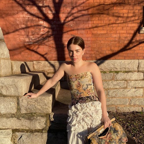 Molly Blutstein in an outfit inspired by The Gilded Age, Bridgerton, & Regency fashion.