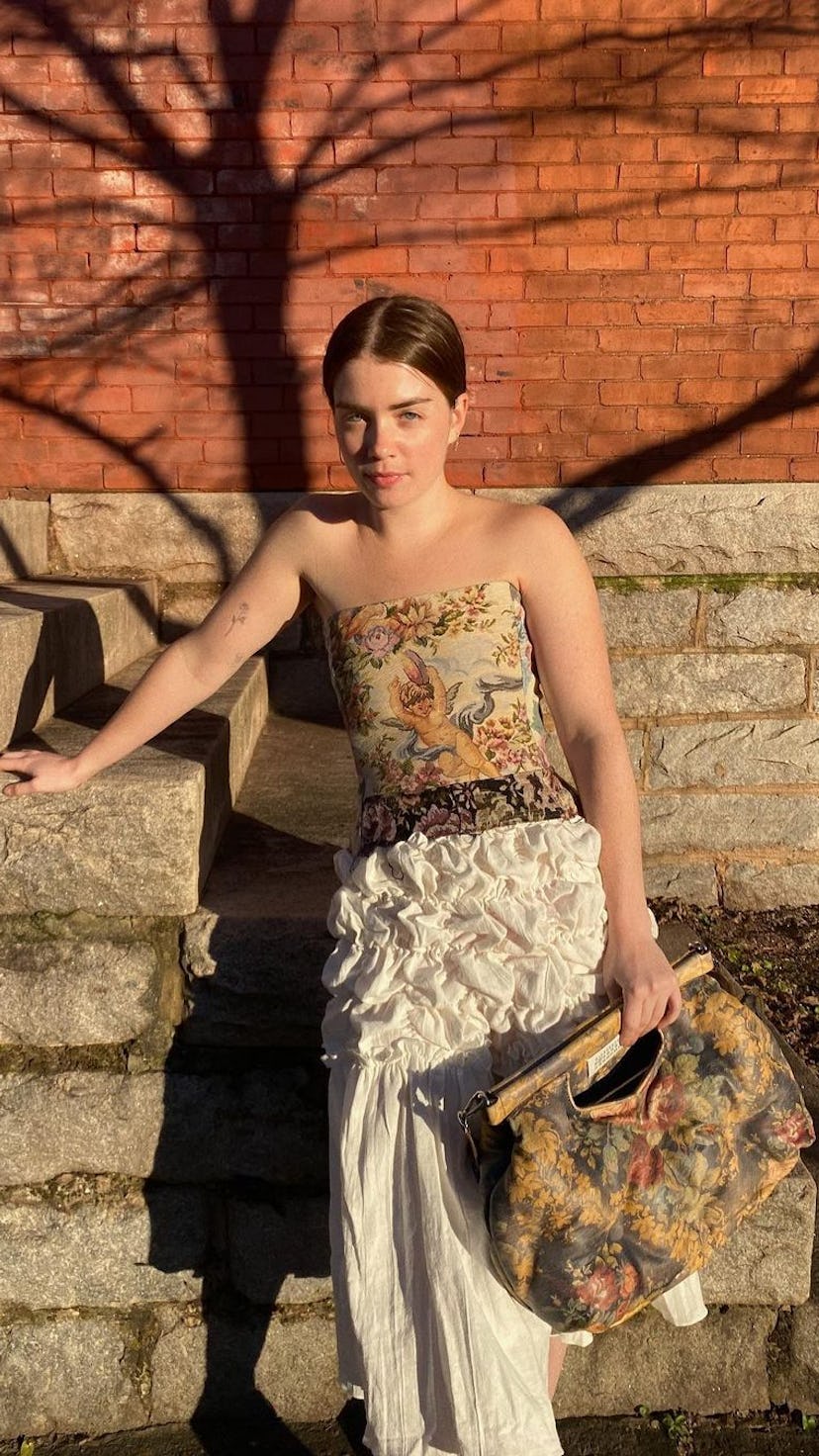 Molly Blutstein in an outfit inspired by The Gilded Age, Bridgerton, & Regency fashion.