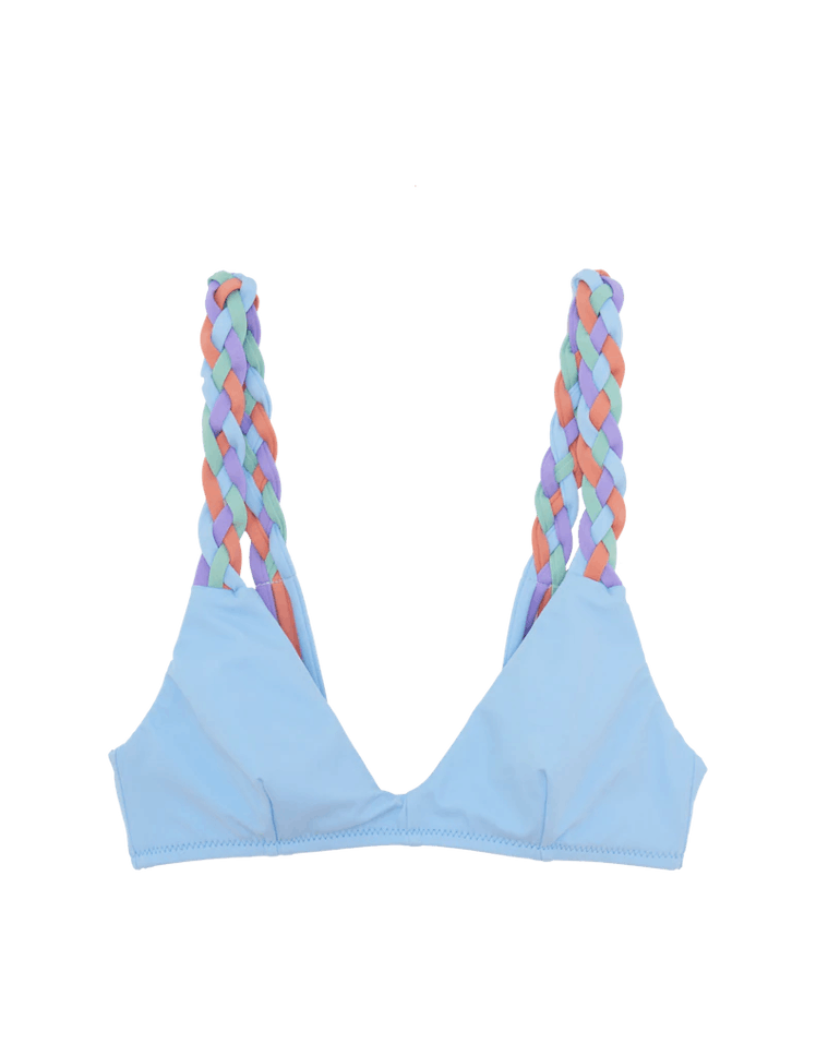 swimwear trends 2022 woven details pastel blue bikini top with braided straps 