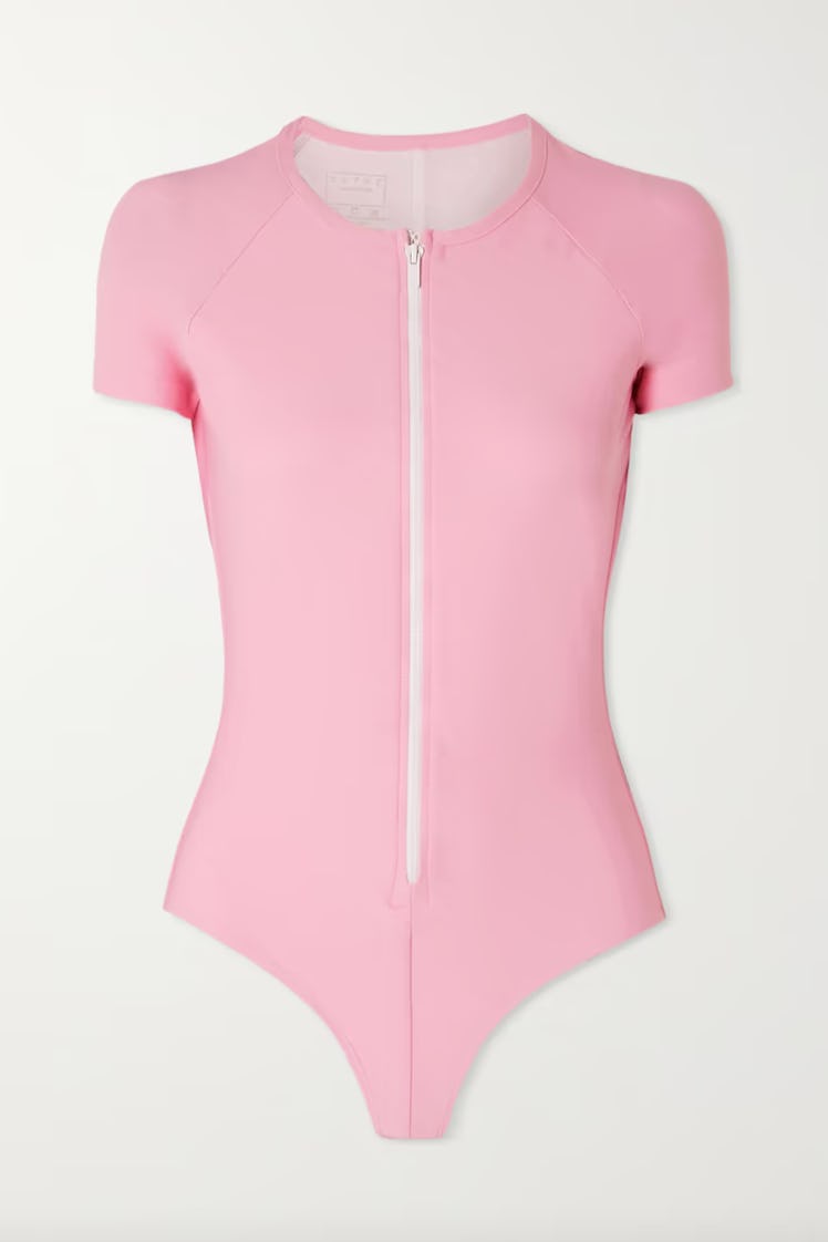 swimwear trends 2022 sporty pink short sleeve zip up one piece  