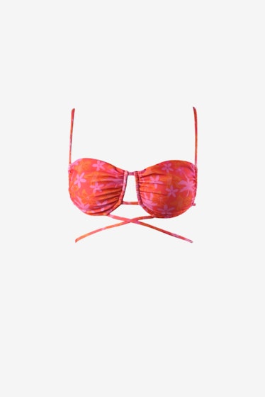 swimwear trends 2022 pink lace up floral bikini top