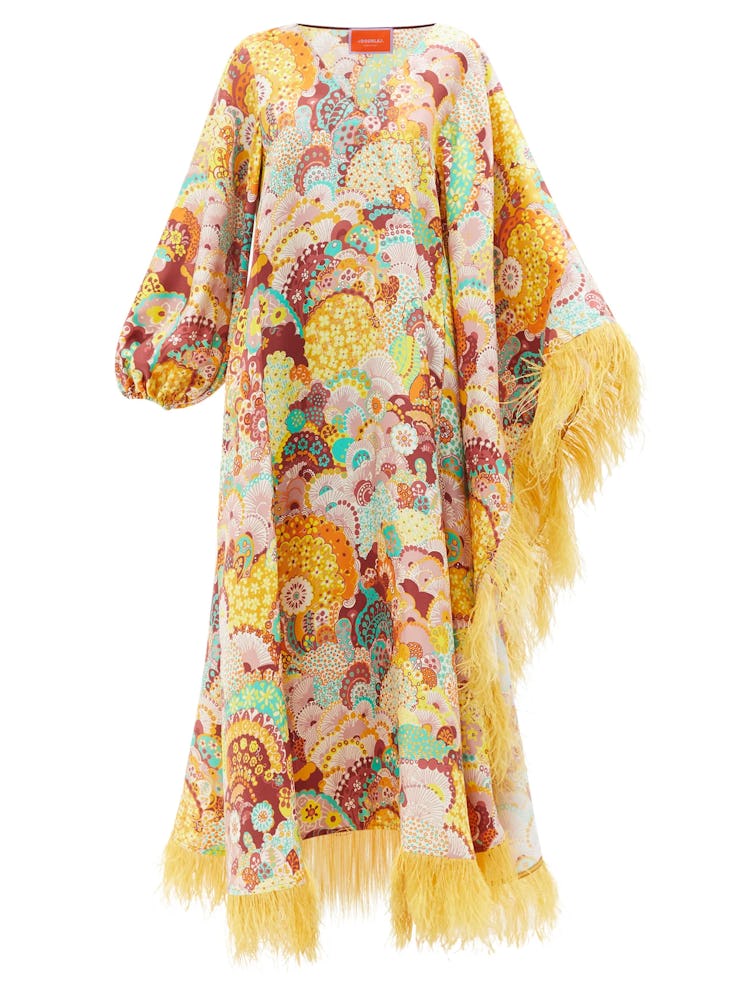 Snag this feather-trimmed maxi dress from La DoubleJ for a Nicole Kidman-inspired look.