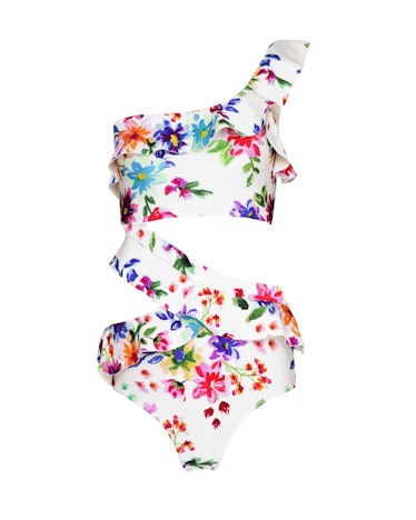 swimwear trends 2022 bold ruffles white floral print cutout one piece  