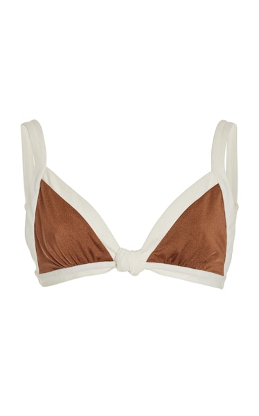 swimwear trends 2022 matching brown bikini top with white trim 