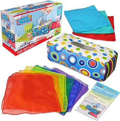Toys for 9-month-old babies should be educational and fun, and this colorful tissue toy checks both ...