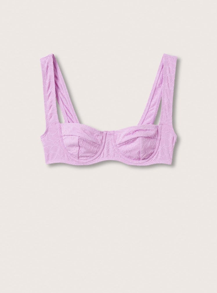 swimwear trends 2022 pastel lilac textured floral bikini top 