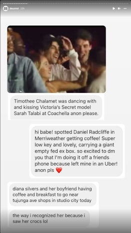 An Instagram Story about Timothée Chalamet and Sarah Talabi posted by @deuxmoi