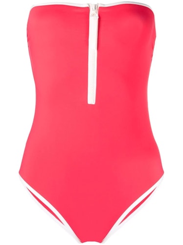 swimwear trends 2022 sporty strapless hot pink zip up one piece  