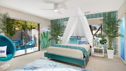 The HI-CHEW Fantasy House giveaway has a Blue Hawaii room with palm trees and a neon sign. 