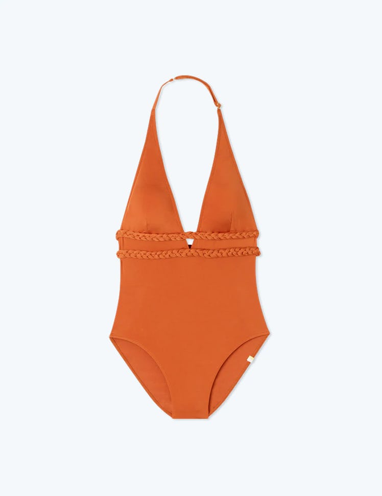 swimwear trends 2022 woven details braided canyon orange halter one piece  