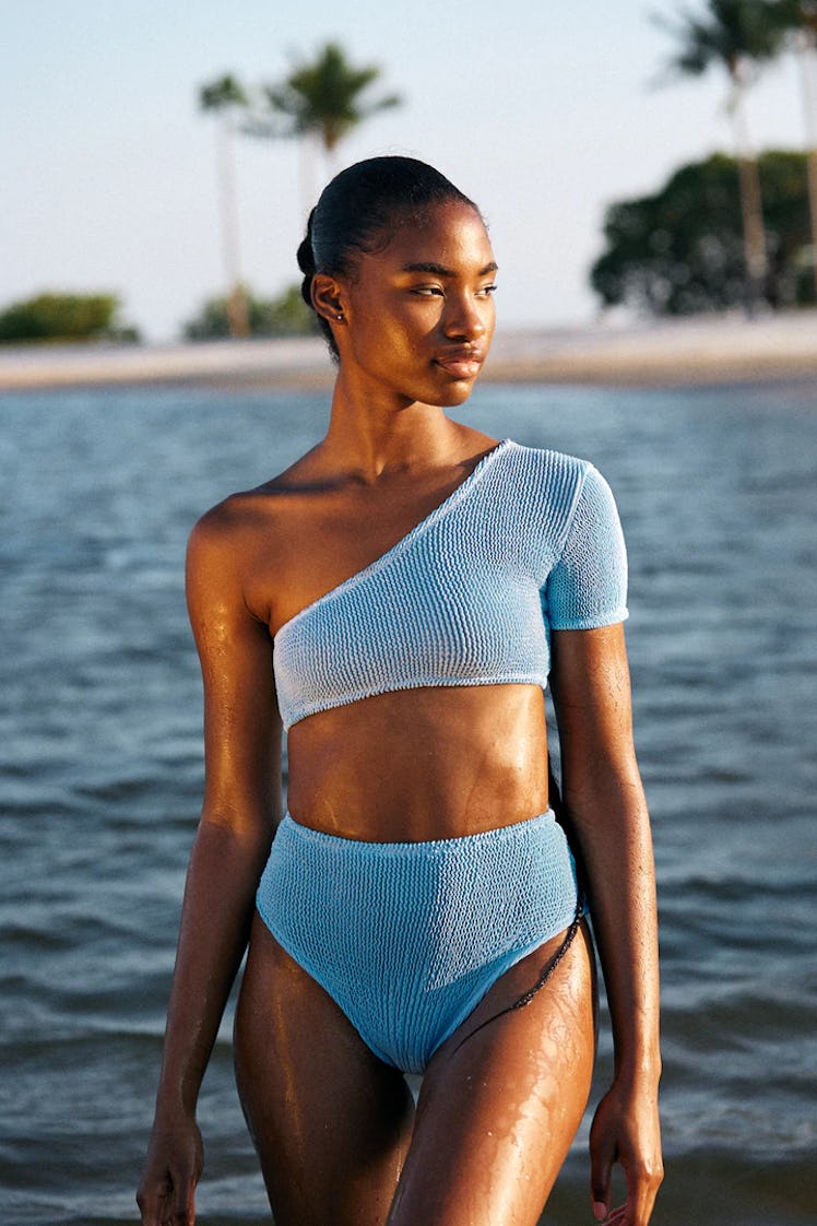 swimwear trends 2022 pastel blue one shoulder bikini