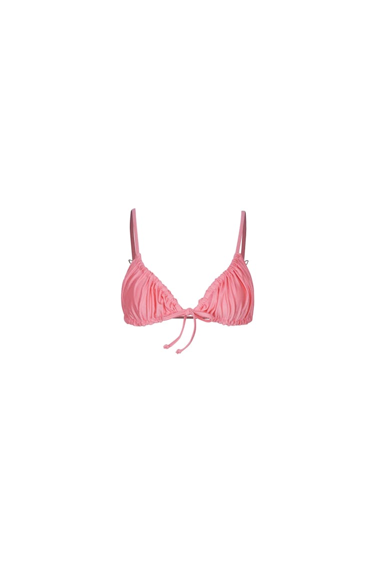 swimwear trends 2022 ruched coral pink bikini top 