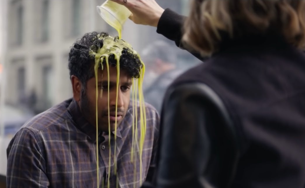 Kelly Macdonald in her cameo role pouring a drink over her agent Dan (Prasanna Puwanarajah) in &lsquo;Ten &hellip;