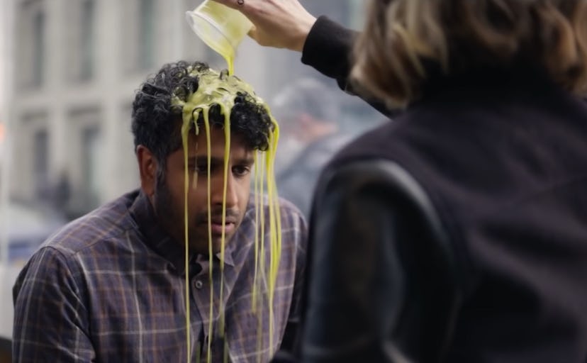 Kelly Macdonald in her cameo role pouring a drink over her agent Dan (Prasanna Puwanarajah) in ‘Ten …