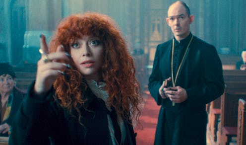 Natasha Lyonne as Nadia Vulvokov and Ákos Orosz as Father Laszlo in 'Russian Doll' Season 2.