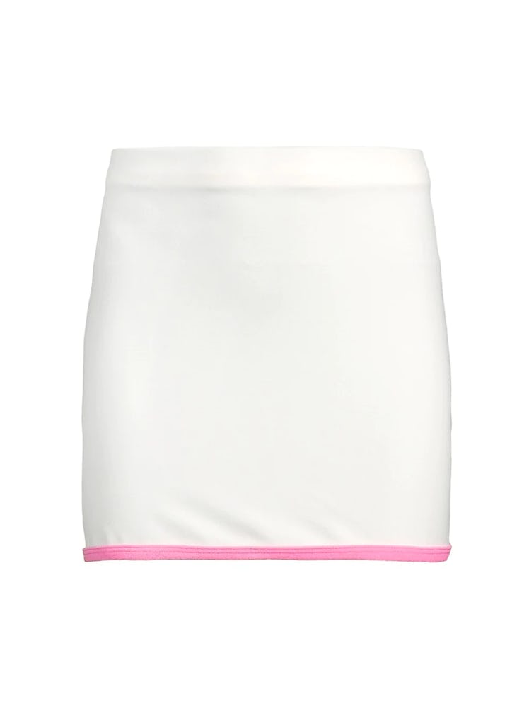 swimwear trends 2022 matching white and tote pink terry cloth miniskirt 
