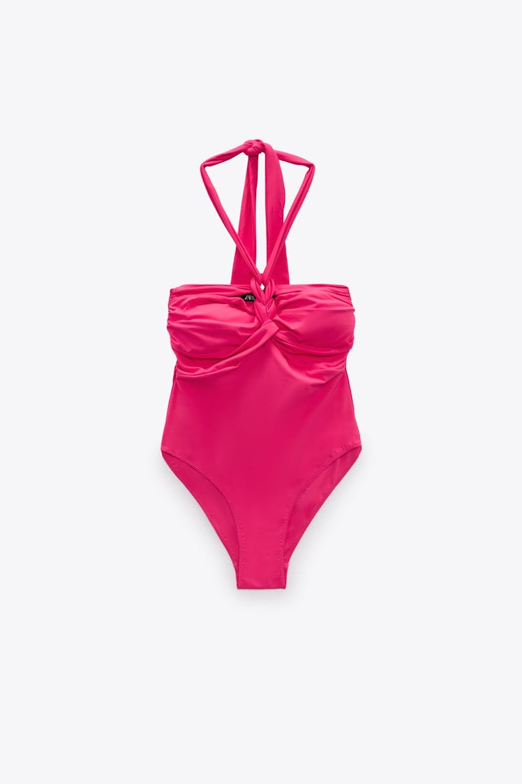 swimwear trends 2022 woven details hot pink braided halter one piece  