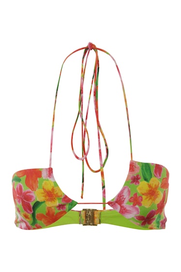 swimwear trends 2022 micro thin straps hibiscus floral print halter bikini top