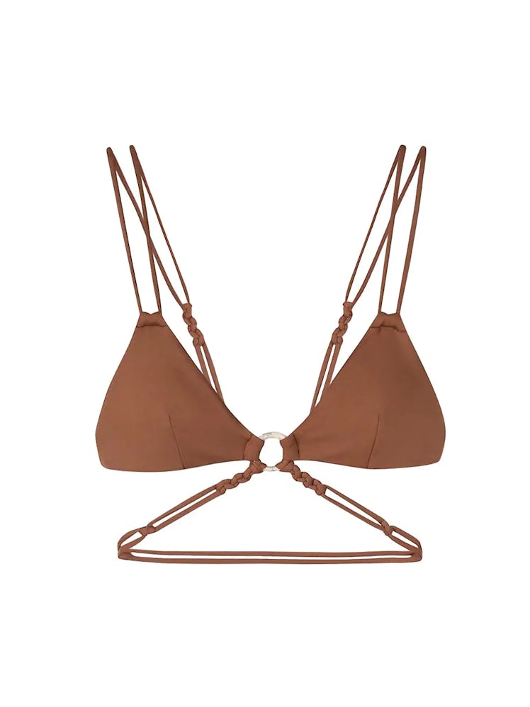 swimwear trends 2022 woven details brown macrame bikini top 