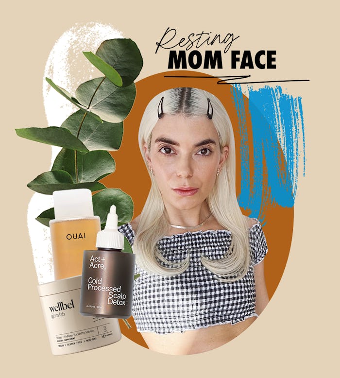 Resting mom face logo with illustrations of a woman and of beauty products