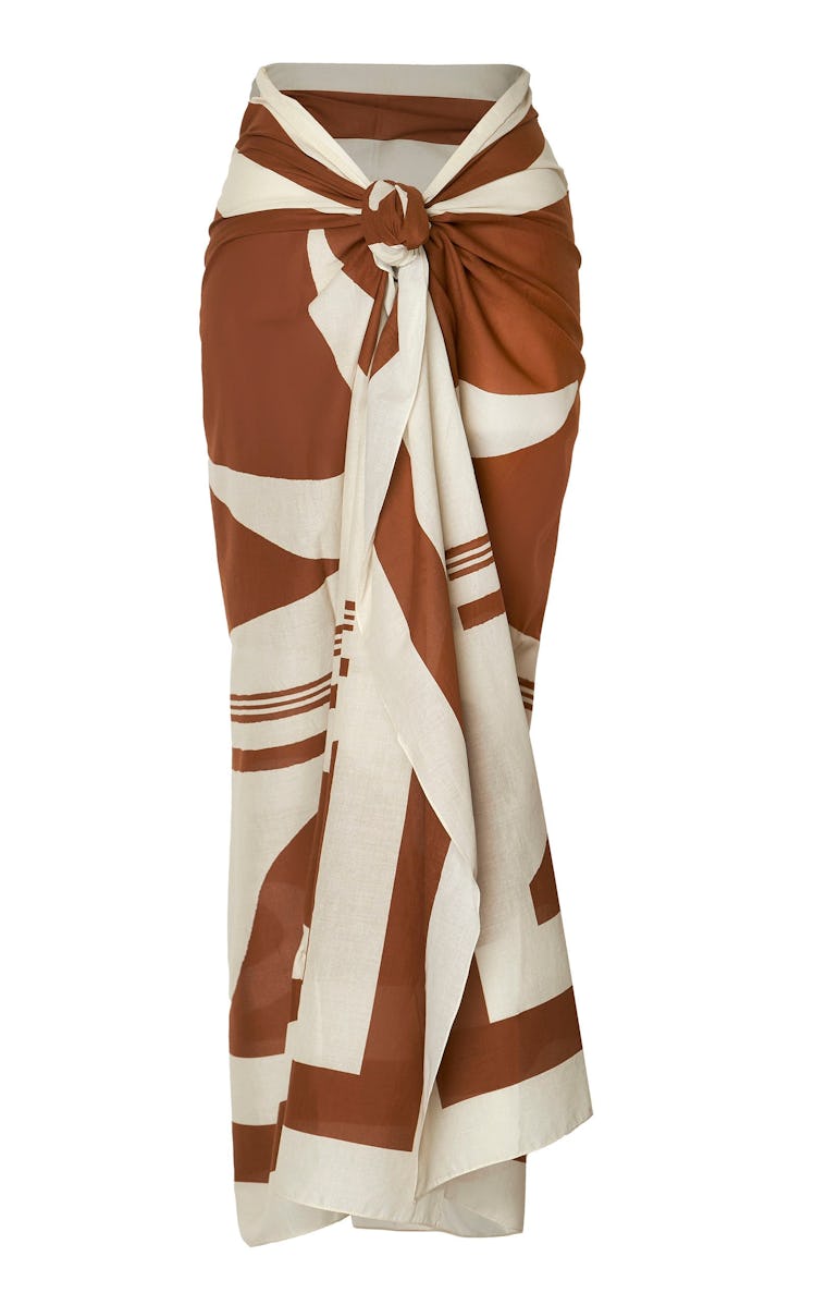 swimwear trends 2022 matching brown and ivory printed pareo 