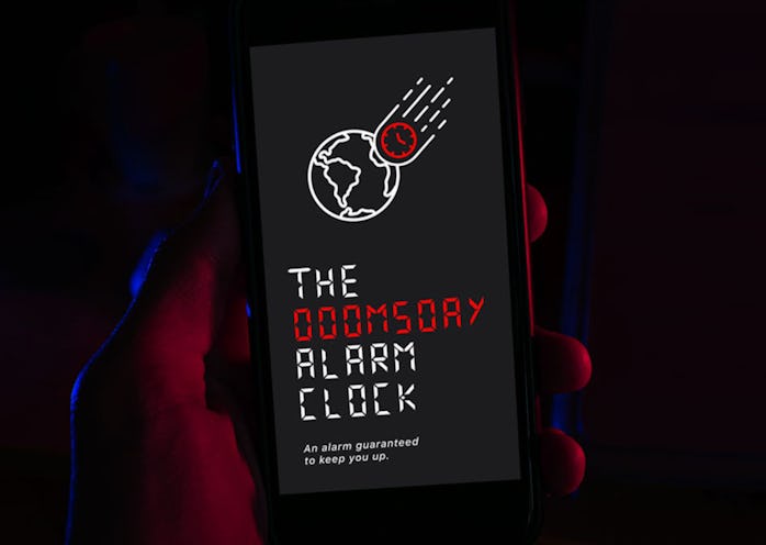 Hand holding phone with Doomsday Alarm Clock app screen promo image