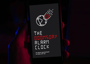 Hand holding phone with Doomsday Alarm Clock app screen promo image