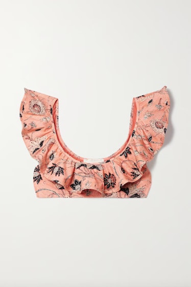 swimwear trends 2022 bold ruffles pink floral print bikini top  
