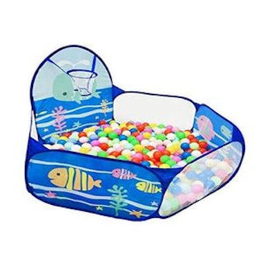 This ball pit is fun for babies to crawl through and shoot hoops after they learn to stand.