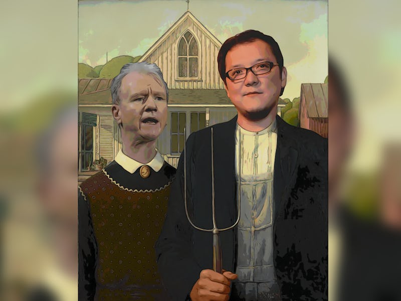 Jim Ryan of Sony and Hidetaka Miyazaki of FromSoftware in the style of 'American Gothic.'