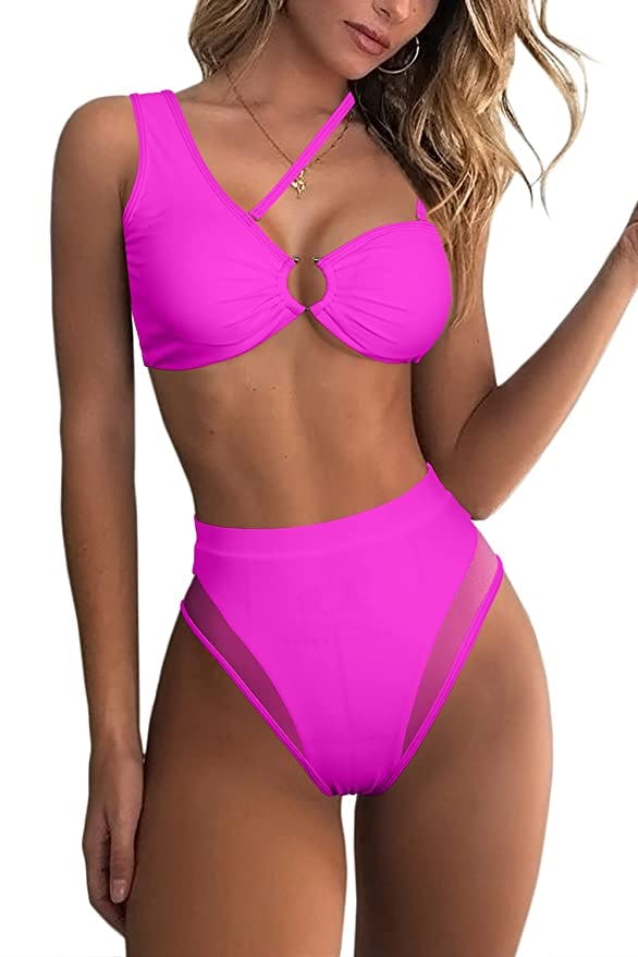 QINSEN Womens One Shoulder Cutout Mesh High Waist Bikini