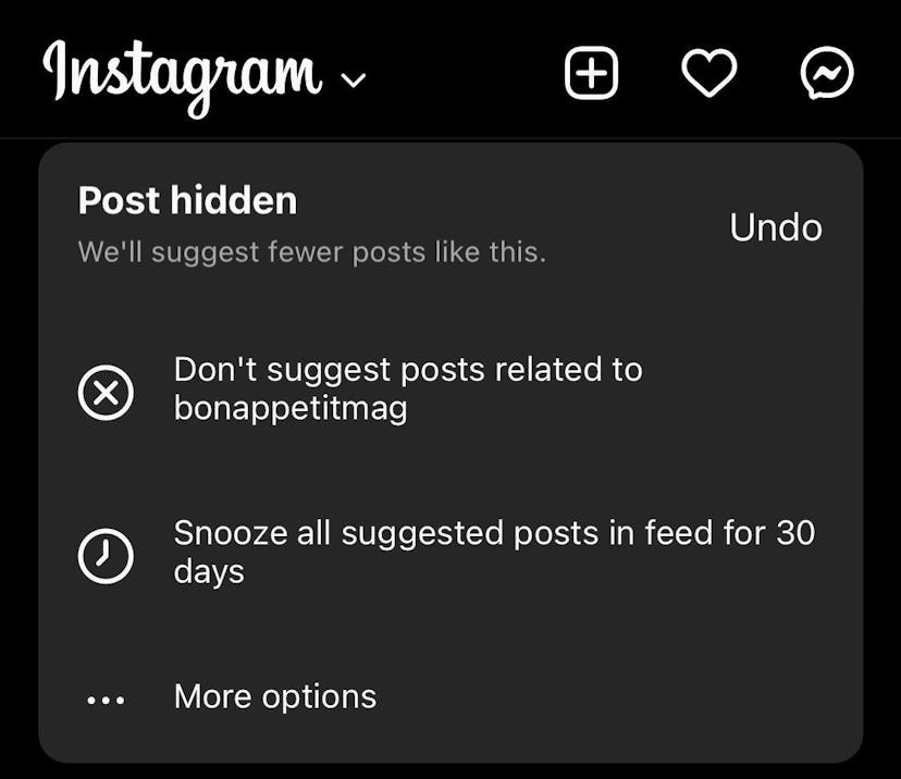 Screenshot of how to mute Reels suggestions on Instagram. Instagram suggestions turn off.