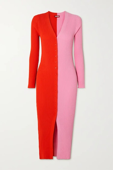 Non-Maternity Dress Brands Staud Shoko red and pink two-tone ribbed stretch-knit cardigan