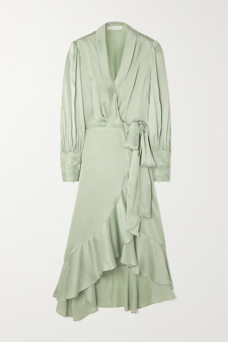Non-Maternity Dress Brands Zimmermann green Asymmetric ruffled silk-satin wrap dress