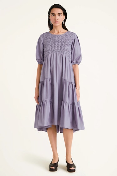 Non-Maternity Dress Brands Merlette purple smocked and tiered puff sleeve dress