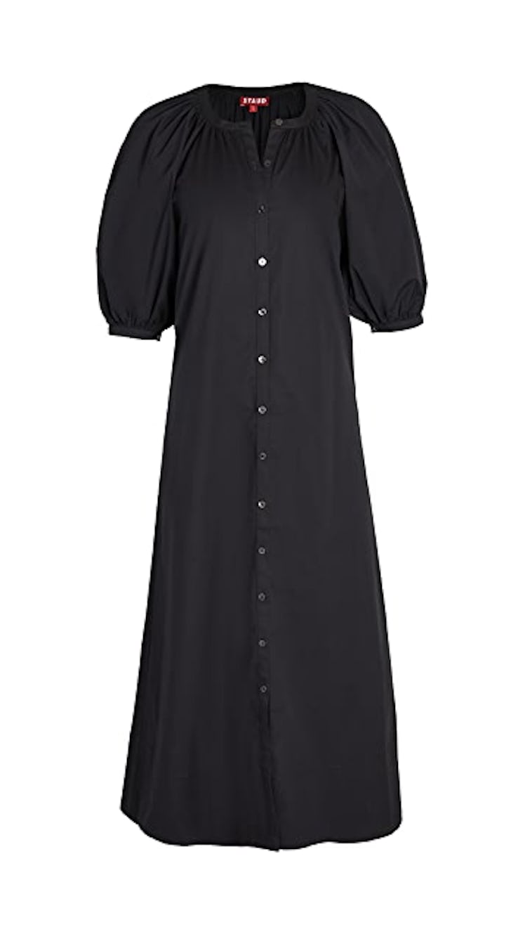 Non-Maternity Dress Brands Staud black cotton poplin puff sleeve maxi