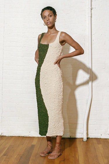 Non-Maternity Dress Brands Mara Hoffman green and ivory crinkle tank midi dress