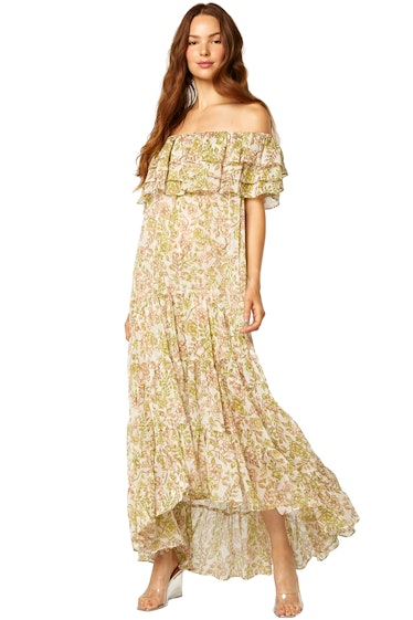 Non-Maternity Dress Brands Misa Los Angeles green floral printed maxi dress with ruffles